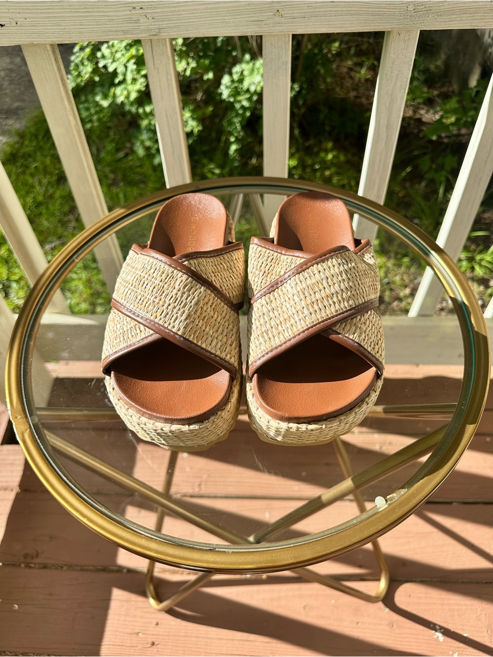 BAMBOO Natural Straw Woven Cross-Strap Platform Sandals with Tan Trim